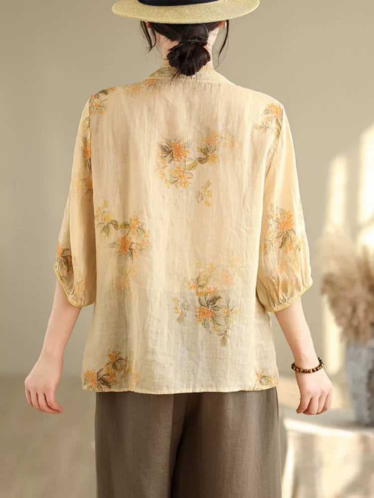 Retro Floral Embroidered Frog Button Mandarin Collar Shirt