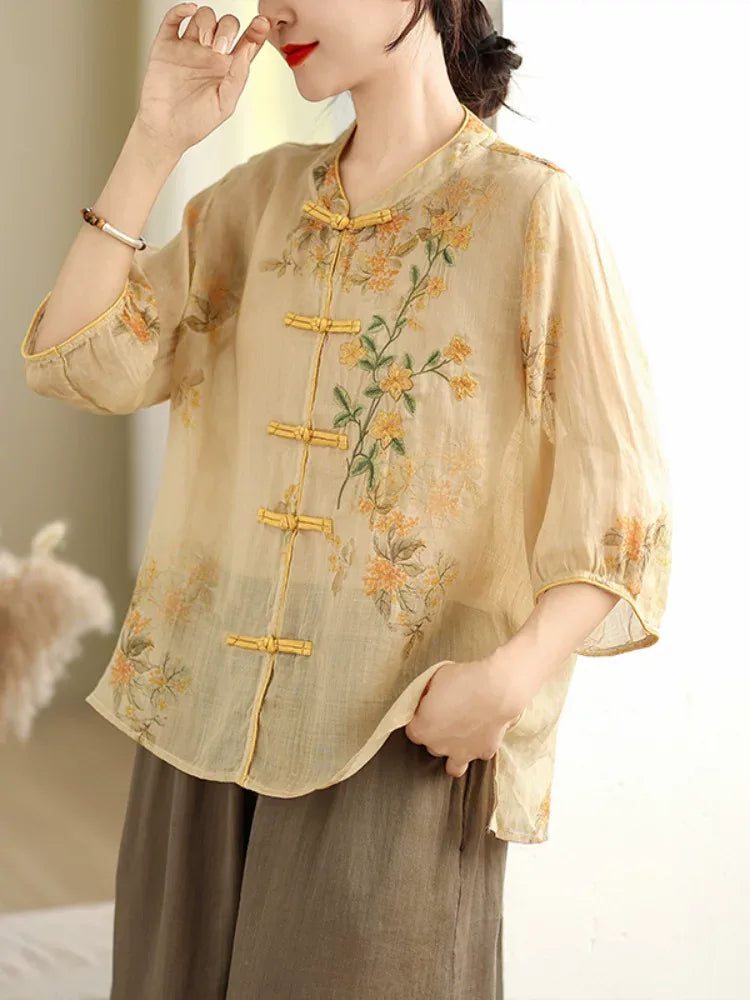 Retro Floral Embroidered Frog Button Mandarin Collar Shirt