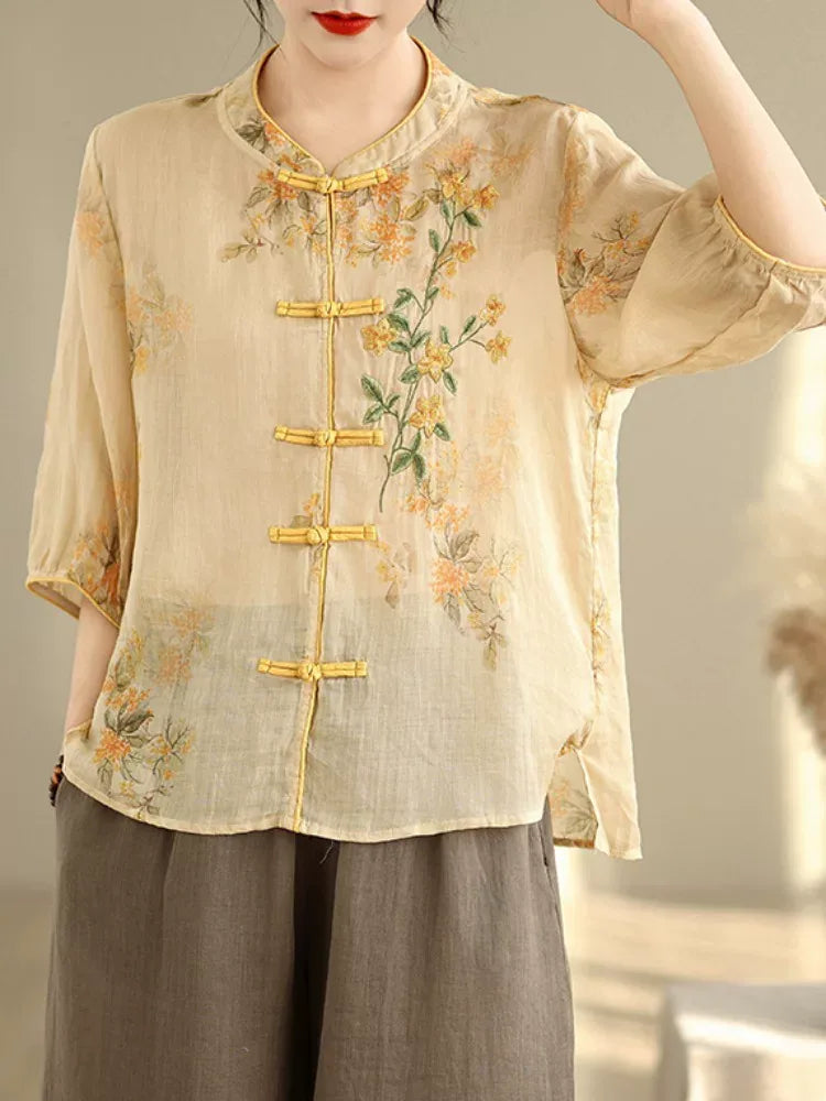 Retro Floral Embroidered Frog Button Mandarin Collar Shirt