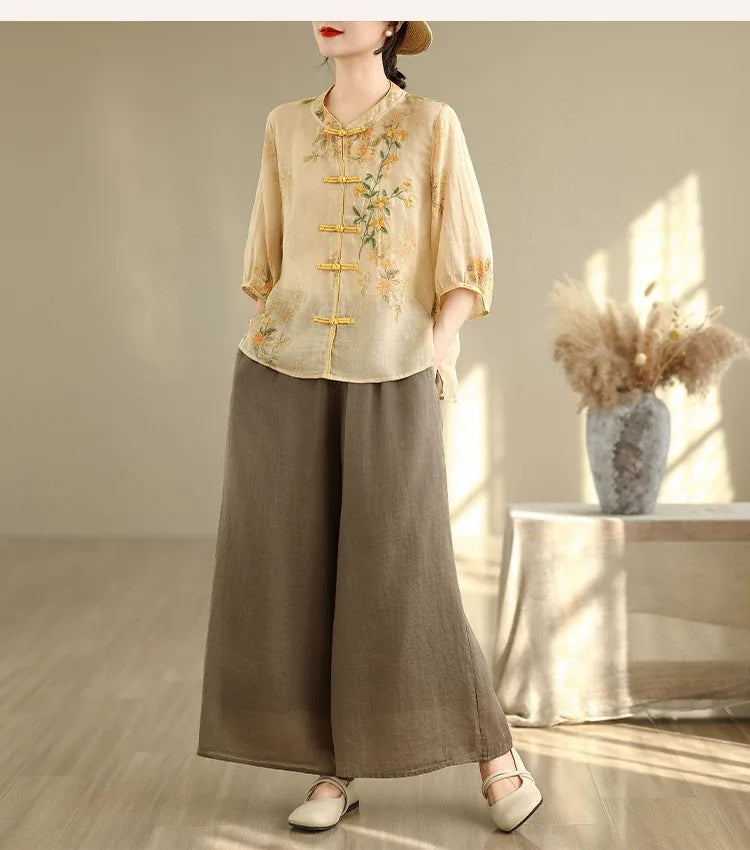 Retro Floral Embroidered Frog Button Mandarin Collar Shirt