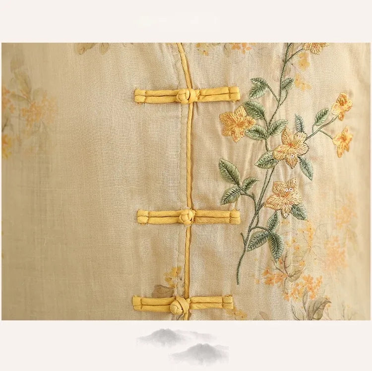Retro Floral Embroidered Frog Button Mandarin Collar Shirt
