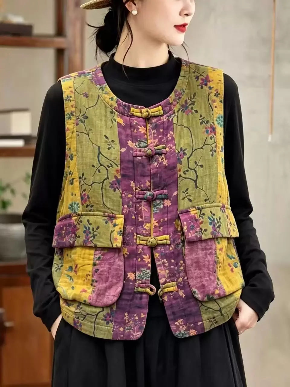Retro Floral Frog Button Quilted Vest