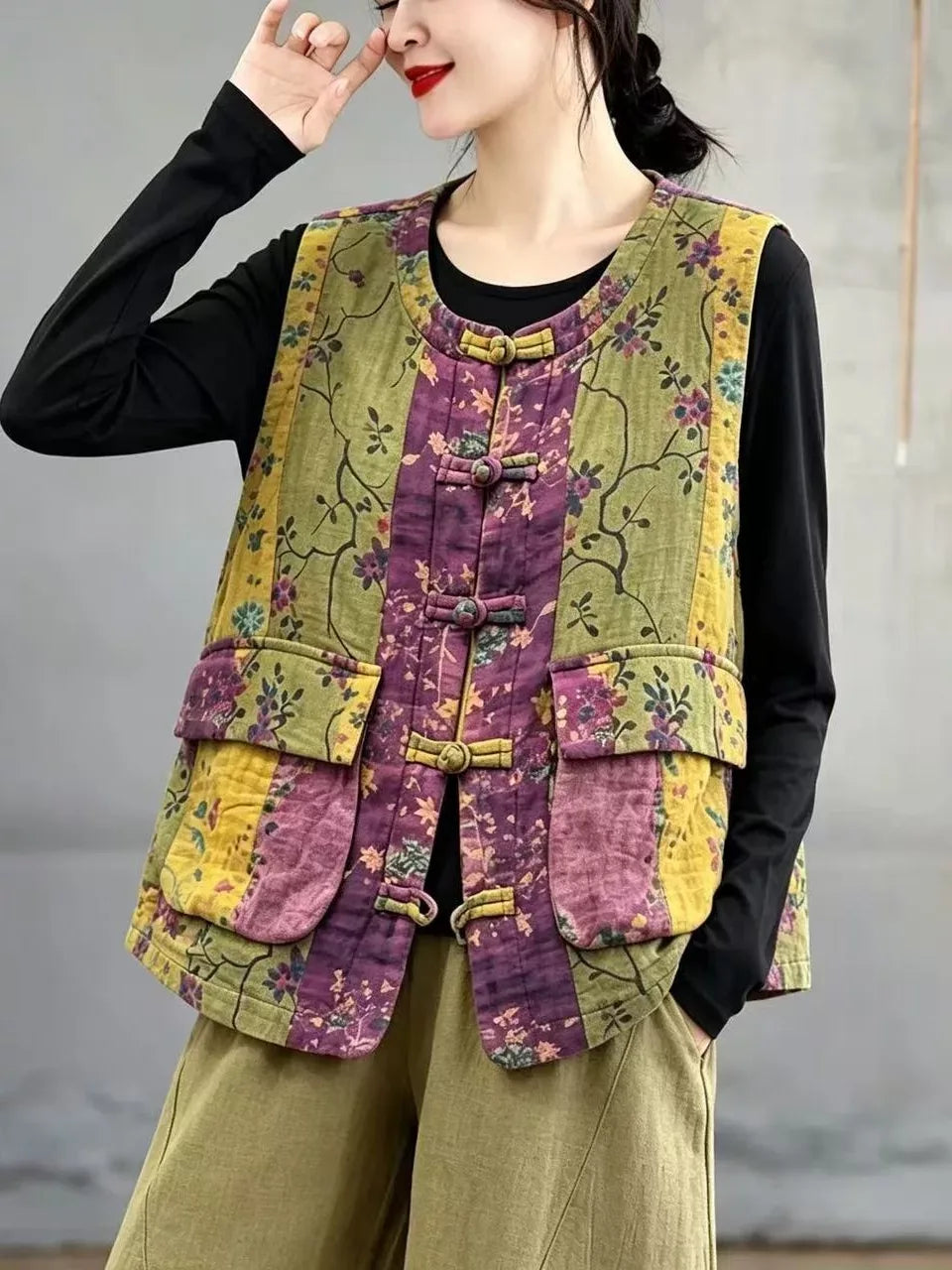 Retro Floral Frog Button Quilted Vest