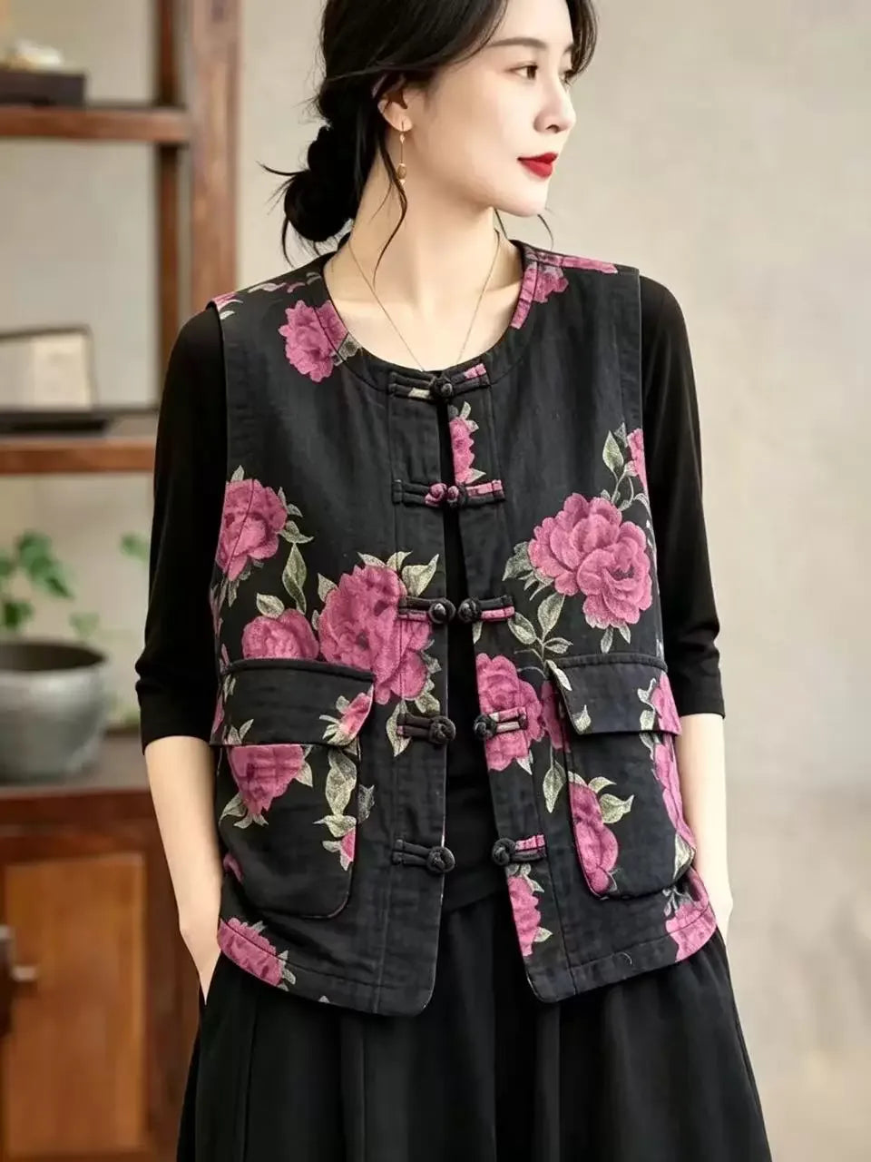 Retro Floral Frog Button Quilted Vest