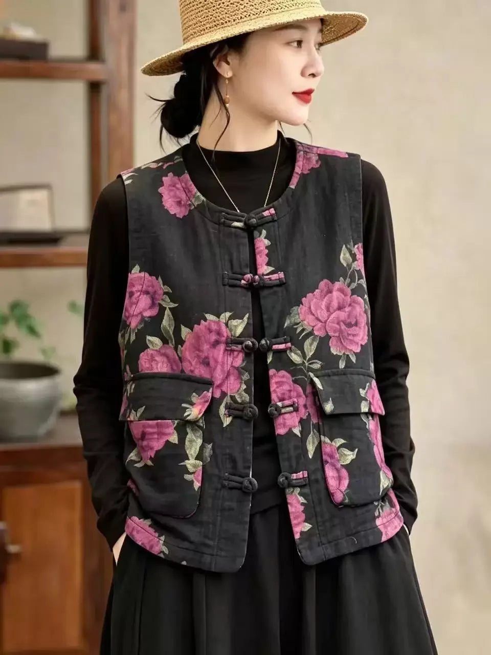Retro Floral Frog Button Quilted Vest