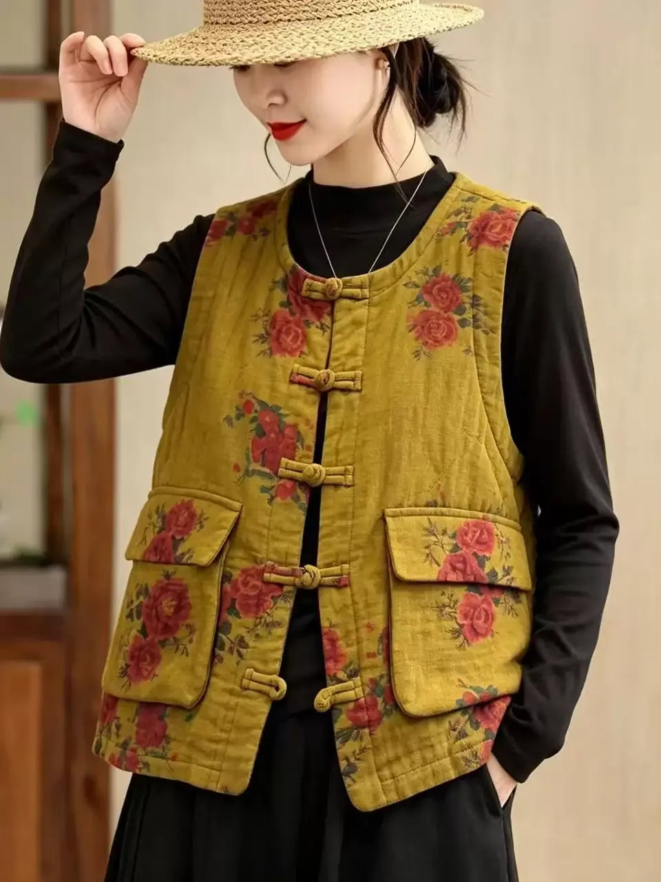 Retro Floral Frog Button Quilted Vest