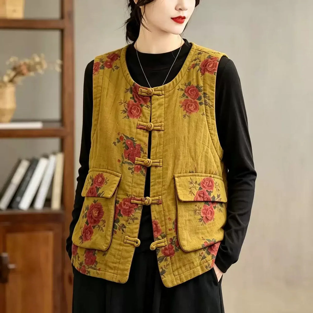 Retro Floral Frog Button Quilted Vest