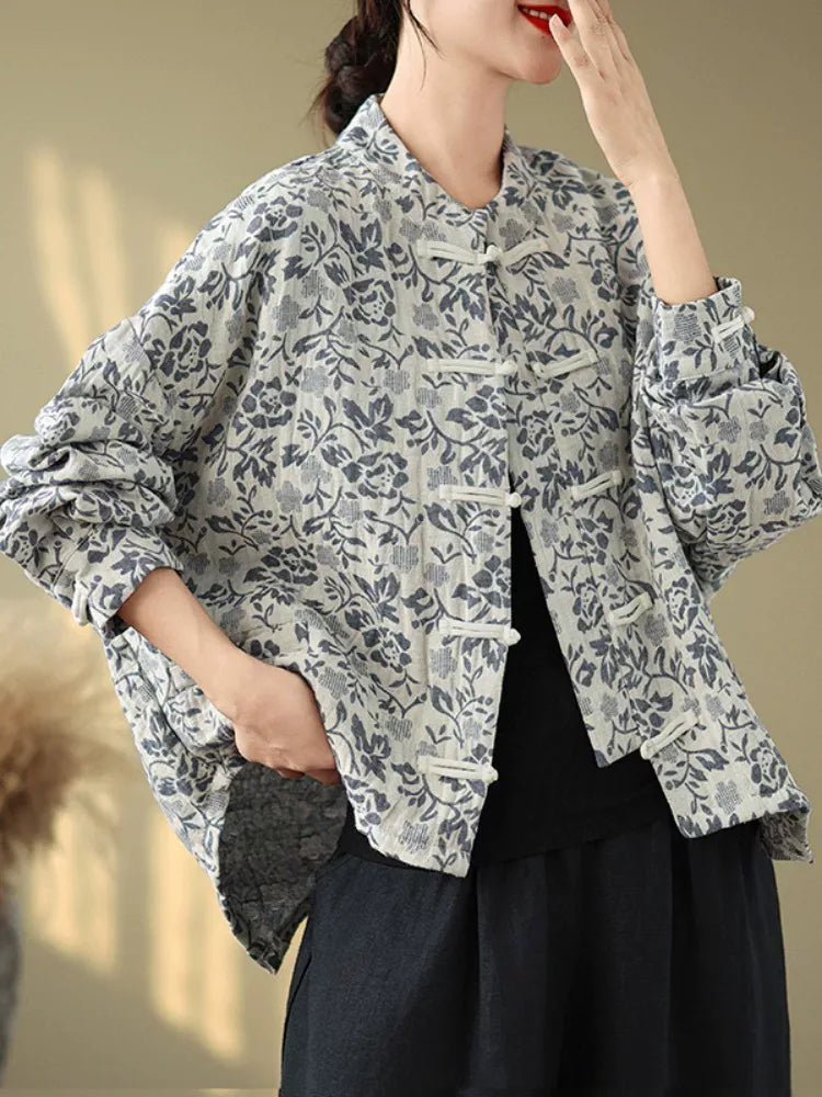Retro Floral Jacquard Frog Button Mandarin Collar Jacket