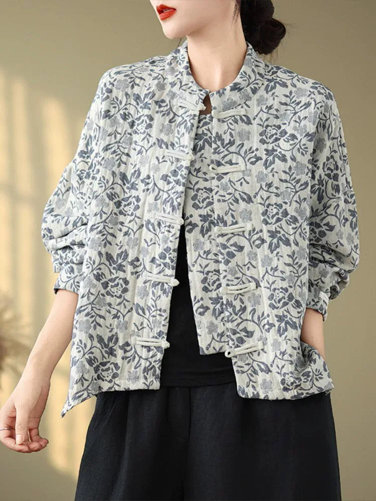 Retro Floral Jacquard Frog Button Mandarin Collar Jacket