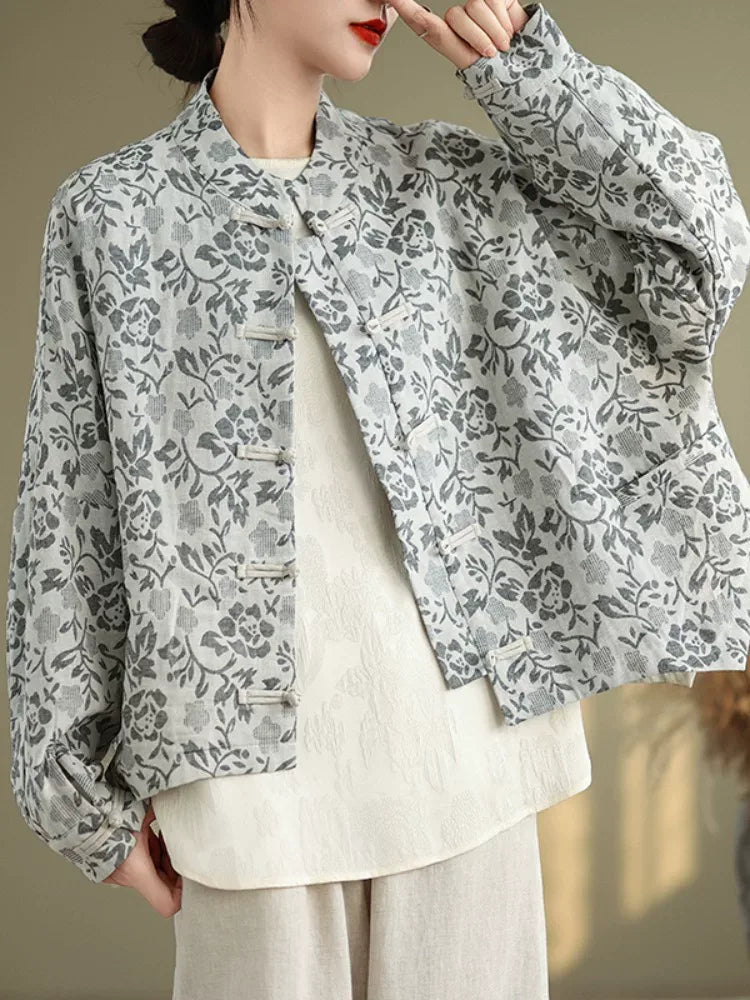 Retro Floral Jacquard Frog Button Mandarin Collar Jacket