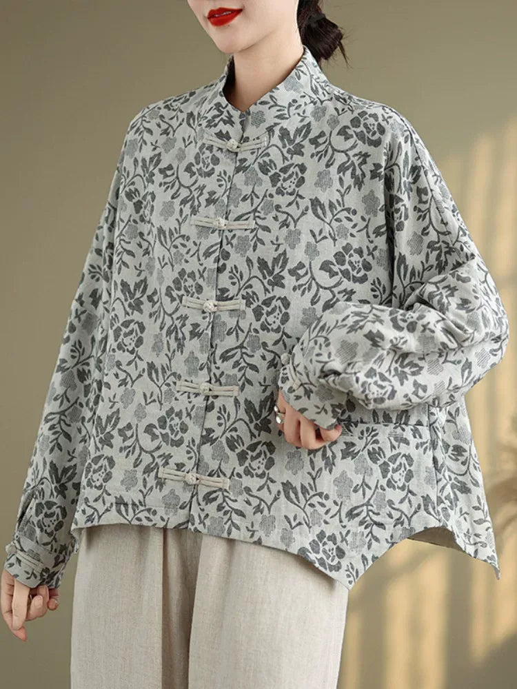 Retro Floral Jacquard Frog Button Mandarin Collar Jacket