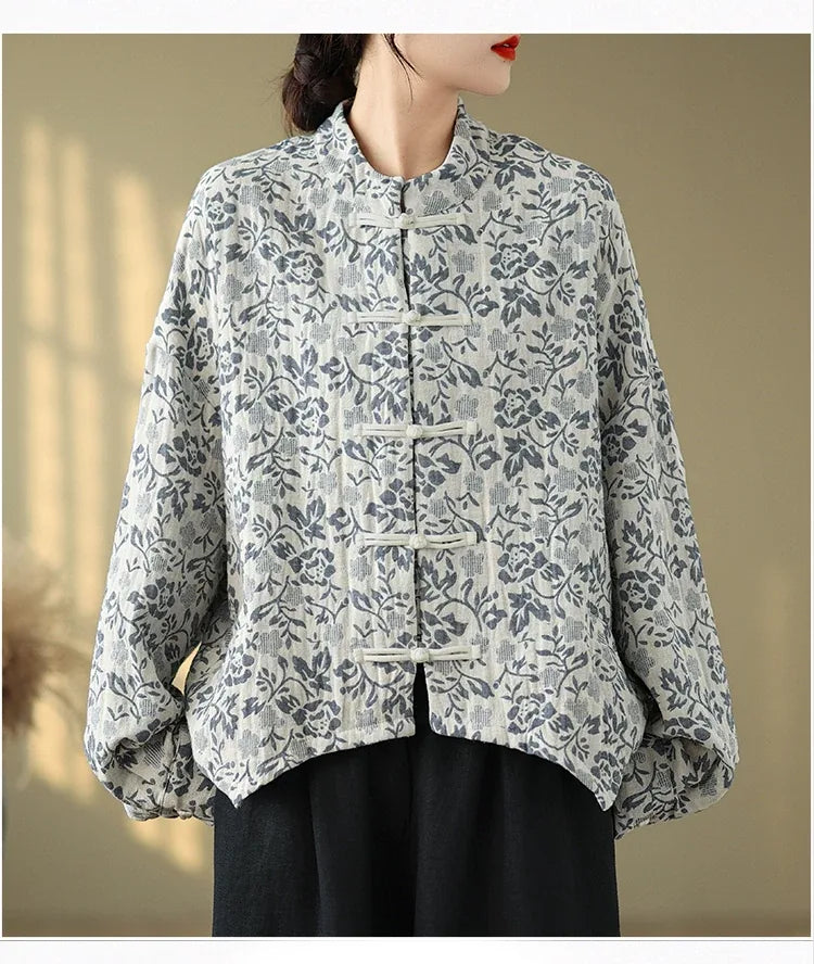 Retro Floral Jacquard Frog Button Mandarin Collar Jacket