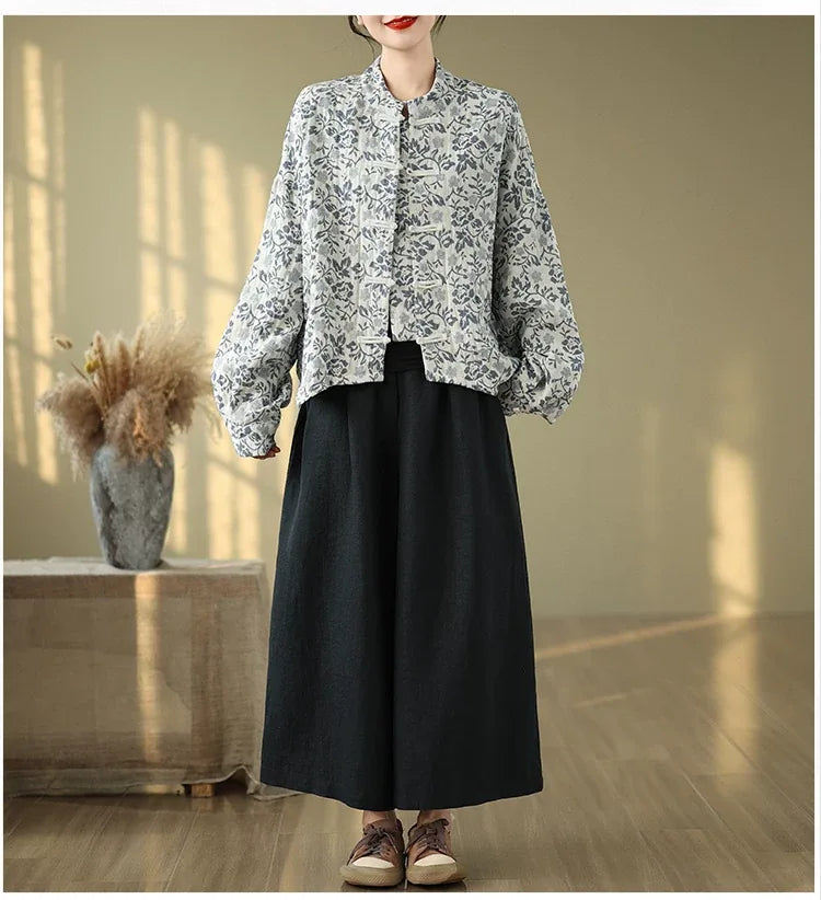Retro Floral Jacquard Frog Button Mandarin Collar Jacket