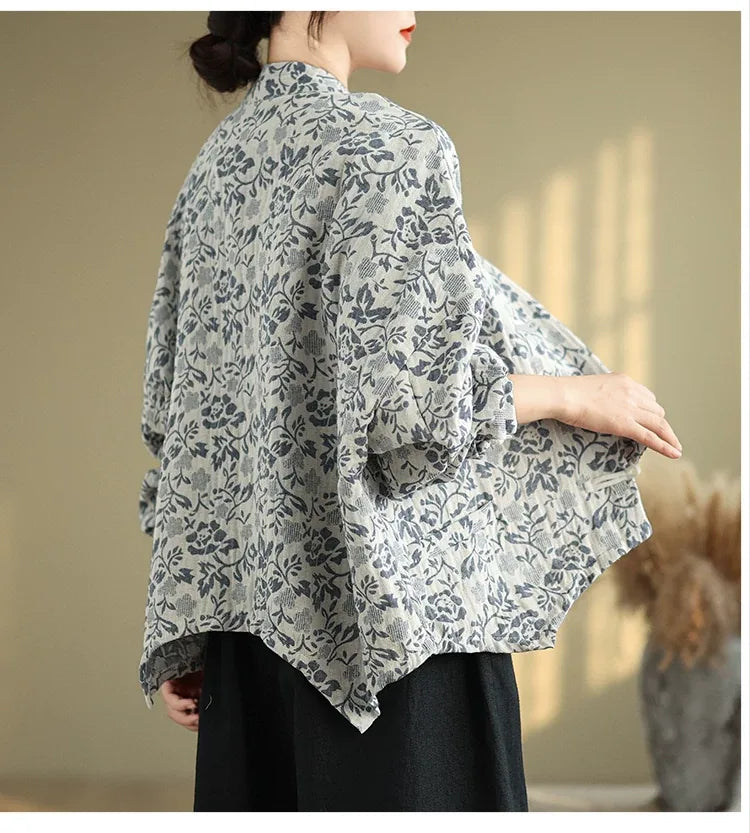 Retro Floral Jacquard Frog Button Mandarin Collar Jacket