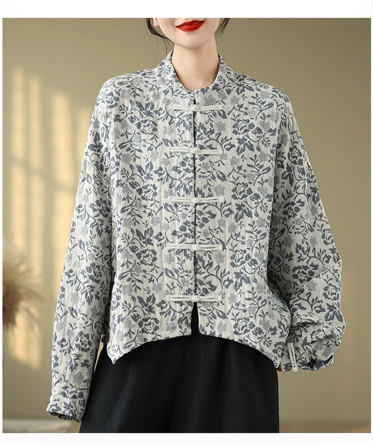 Retro Floral Jacquard Frog Button Mandarin Collar Jacket