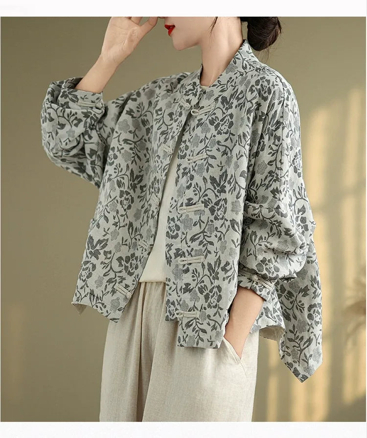 Retro Floral Jacquard Frog Button Mandarin Collar Jacket