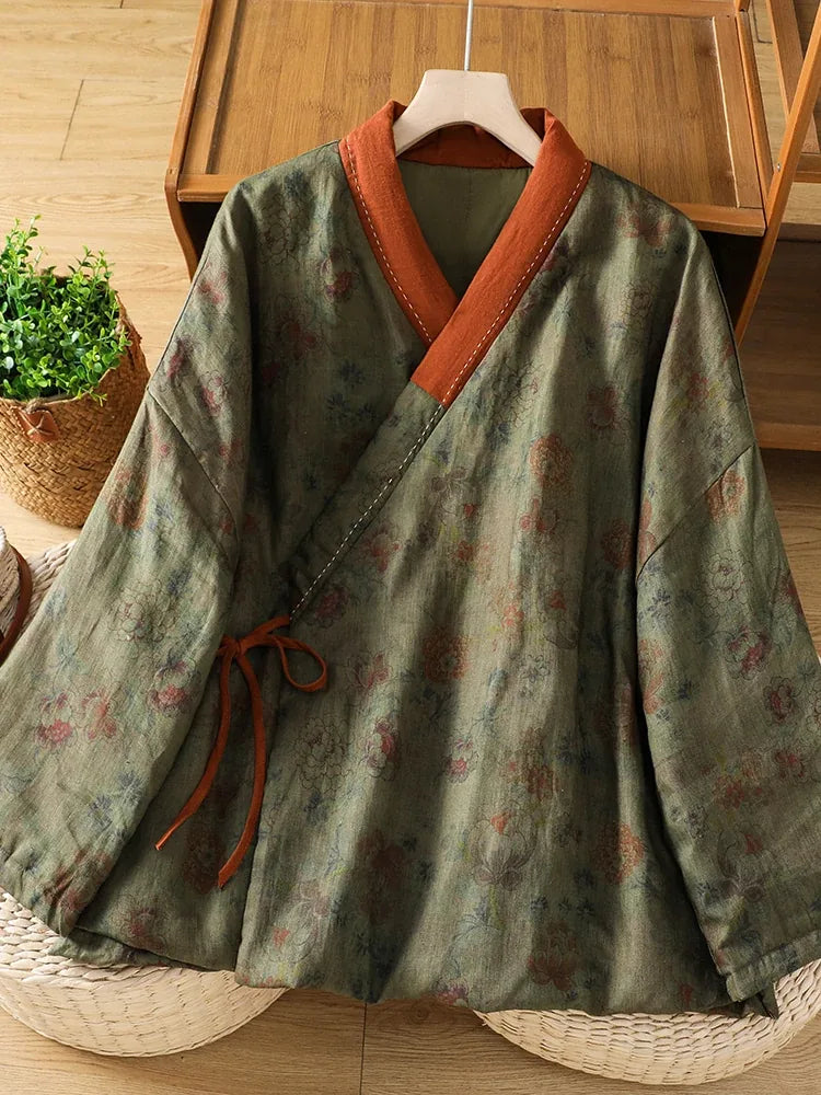 Retro Floral Padded Jacket with Crossed Collar and Side Tie Closure