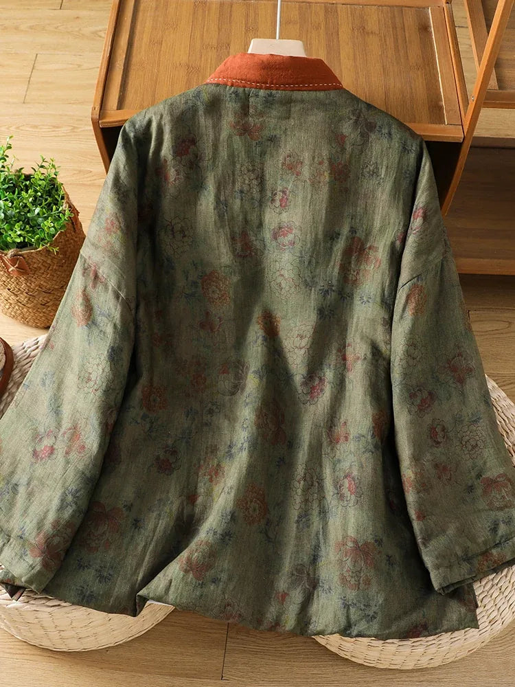 Retro Floral Padded Jacket with Crossed Collar and Side Tie Closure