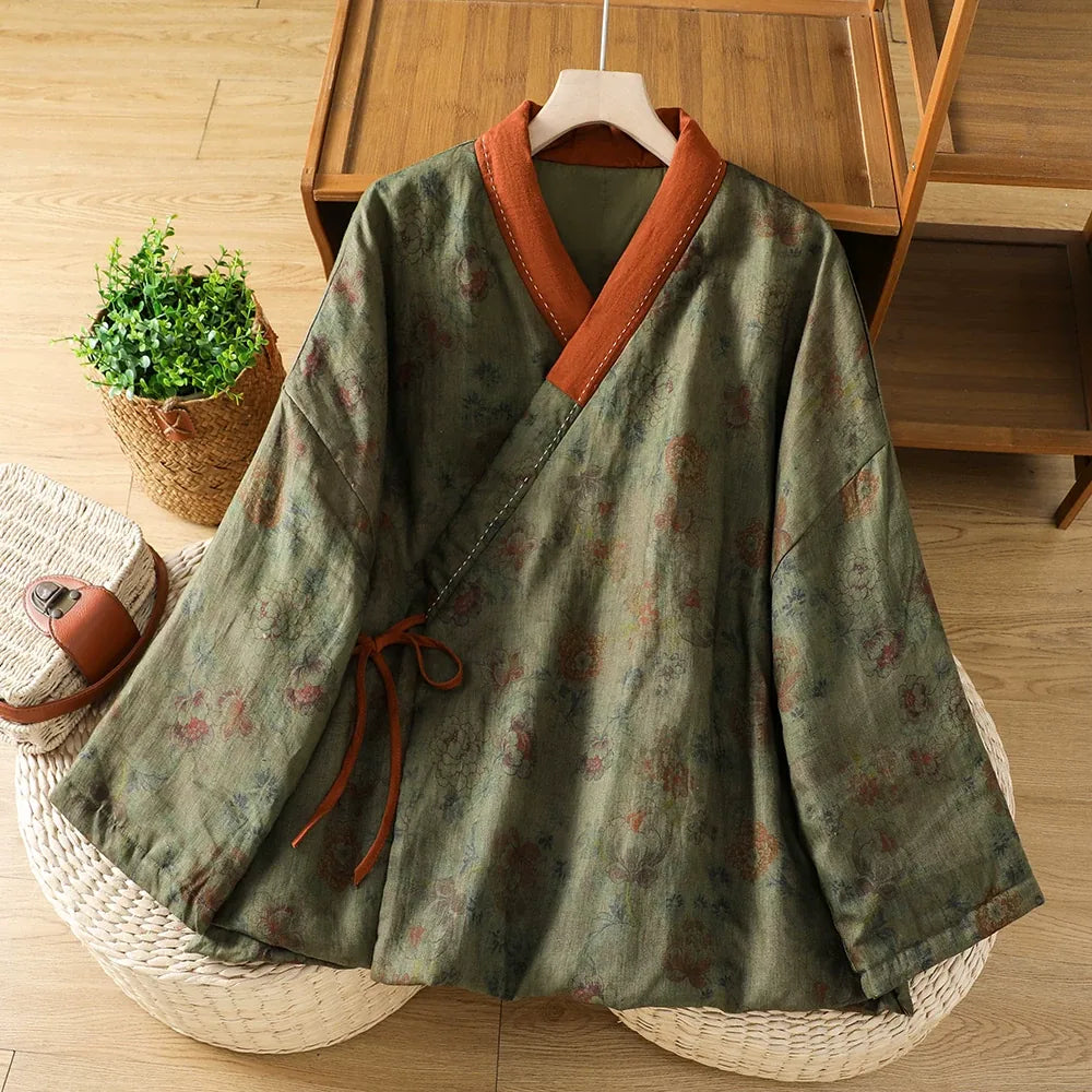 Retro Floral Padded Jacket with Crossed Collar and Side Tie Closure