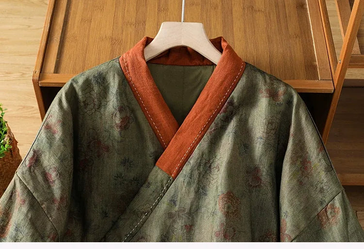 Retro Floral Padded Jacket with Crossed Collar and Side Tie Closure