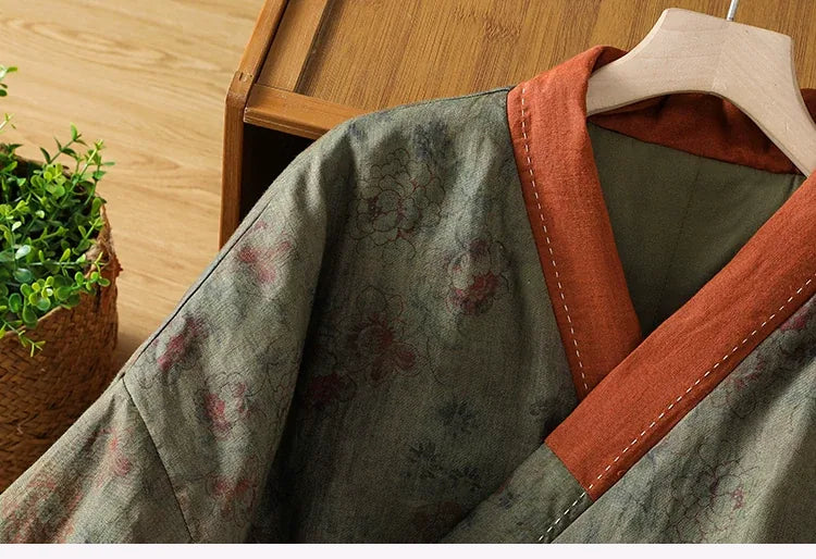 Retro Floral Padded Jacket with Crossed Collar and Side Tie Closure