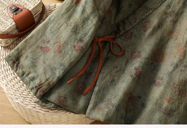 Retro Floral Padded Jacket with Crossed Collar and Side Tie Closure