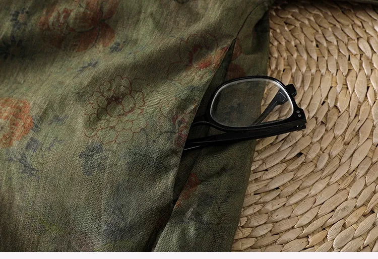 Retro Floral Padded Jacket with Crossed Collar and Side Tie Closure