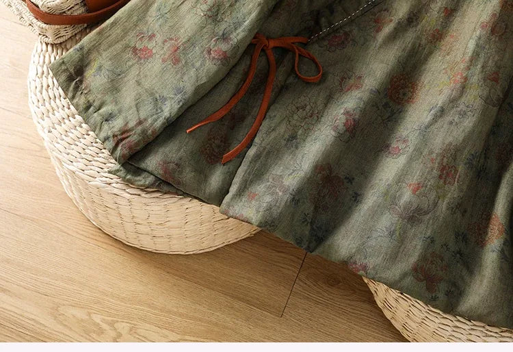 Retro Floral Padded Jacket with Crossed Collar and Side Tie Closure