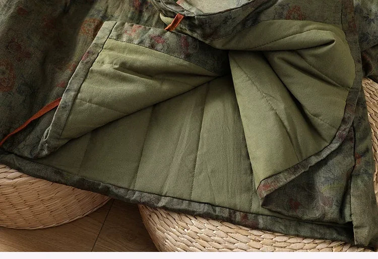 Retro Floral Padded Jacket with Crossed Collar and Side Tie Closure
