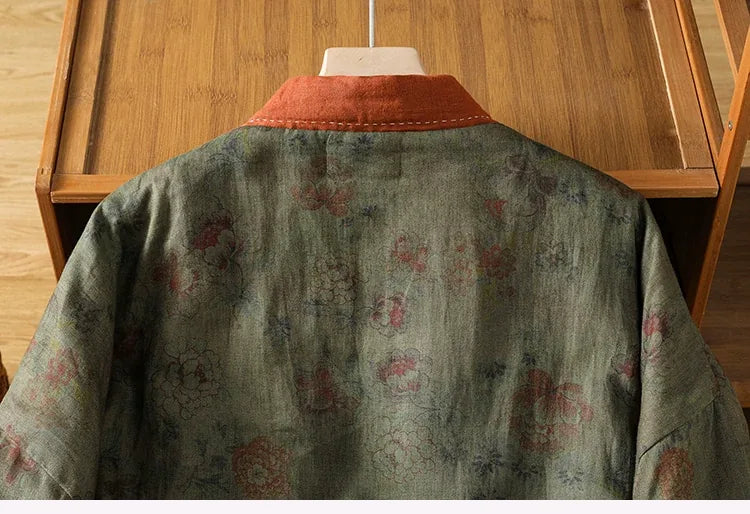 Retro Floral Padded Jacket with Crossed Collar and Side Tie Closure