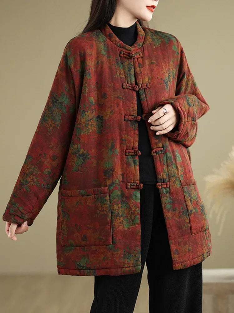Retro Floral Padded Jacket with Mandarin Collar and Frog Buttons