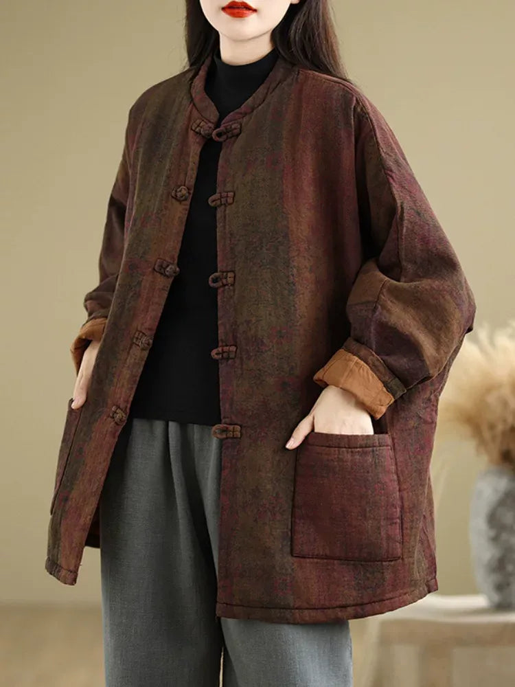 Retro Floral Padded Jacket with Mandarin Collar and Frog Buttons