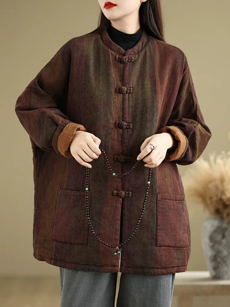Retro Floral Padded Jacket with Mandarin Collar and Frog Buttons