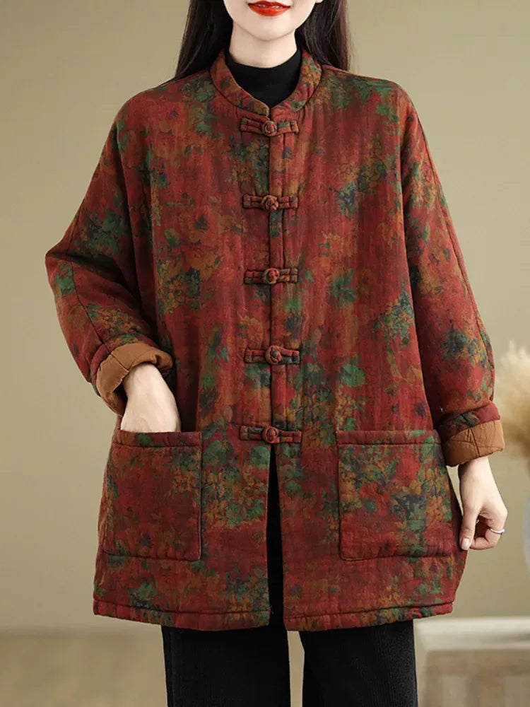 Retro Floral Padded Jacket with Mandarin Collar and Frog Buttons