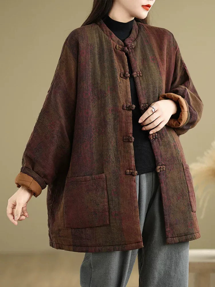 Retro Floral Padded Jacket with Mandarin Collar and Frog Buttons