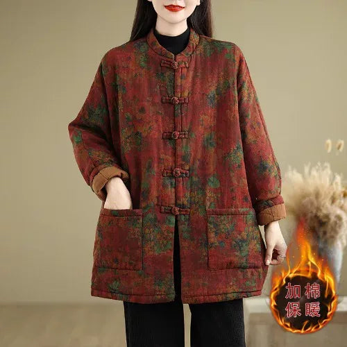 Retro Floral Padded Jacket with Mandarin Collar and Frog Buttons - Red