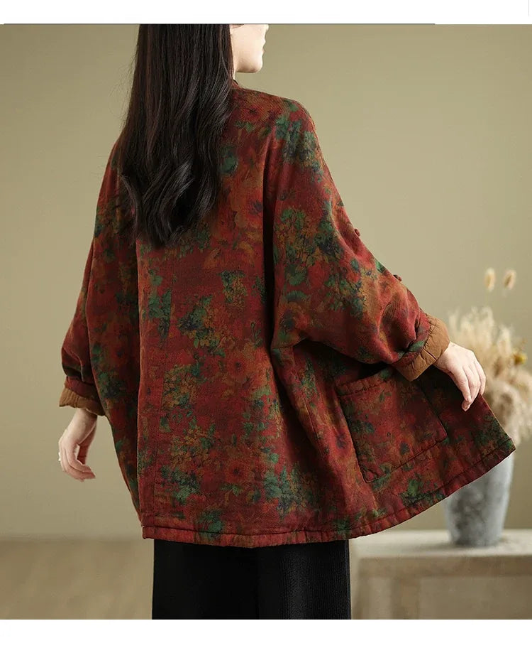 Retro Floral Padded Jacket with Mandarin Collar and Frog Buttons