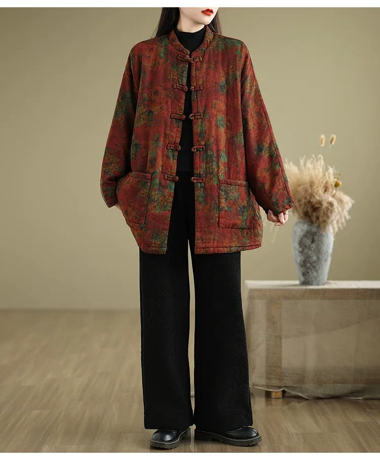 Retro Floral Padded Jacket with Mandarin Collar and Frog Buttons