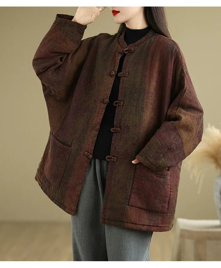 Retro Floral Padded Jacket with Mandarin Collar and Frog Buttons