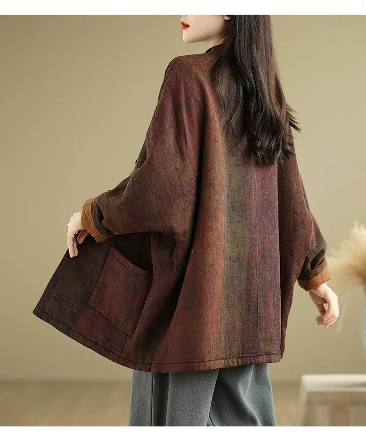 Retro Floral Padded Jacket with Mandarin Collar and Frog Buttons