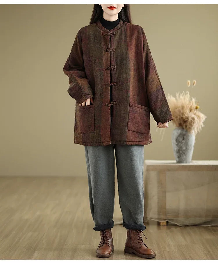 Retro Floral Padded Jacket with Mandarin Collar and Frog Buttons