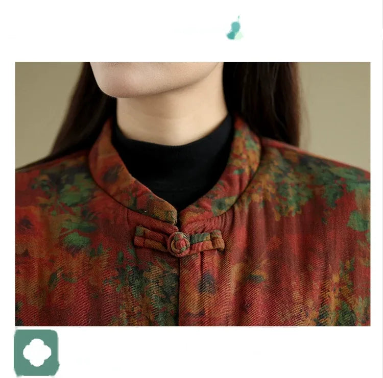 Retro Floral Padded Jacket with Mandarin Collar and Frog Buttons