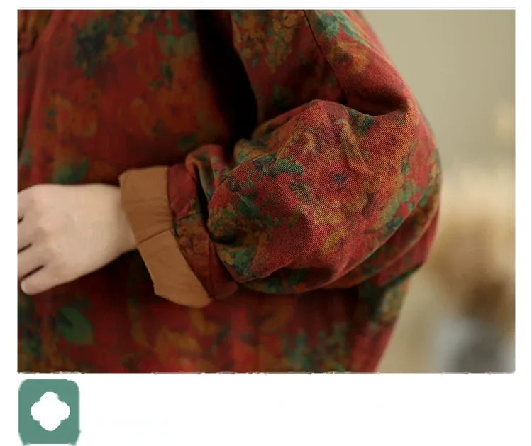 Retro Floral Padded Jacket with Mandarin Collar and Frog Buttons