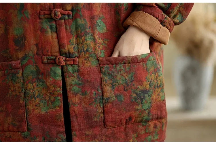 Retro Floral Padded Jacket with Mandarin Collar and Frog Buttons