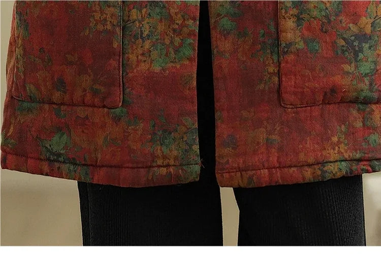 Retro Floral Padded Jacket with Mandarin Collar and Frog Buttons