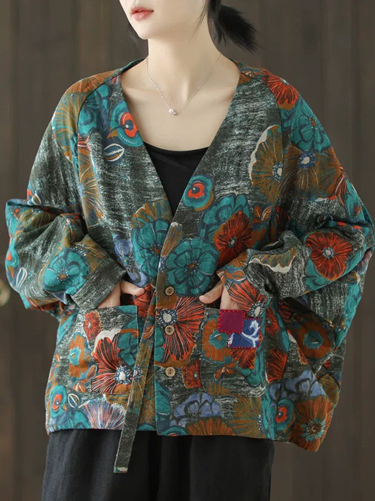 Retro Floral Print Batwing Sleeve Tie Belt Jacket