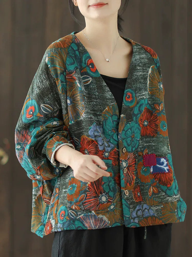 Retro Floral Print Batwing Sleeve Tie Belt Jacket