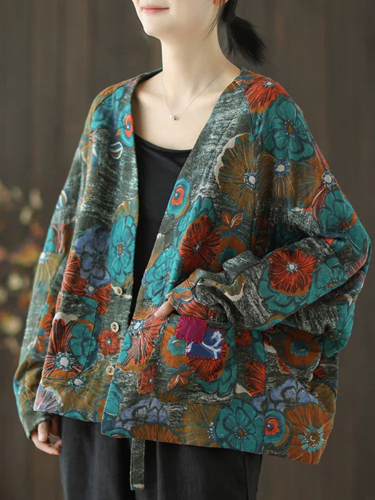 Retro Floral Print Batwing Sleeve Tie Belt Jacket