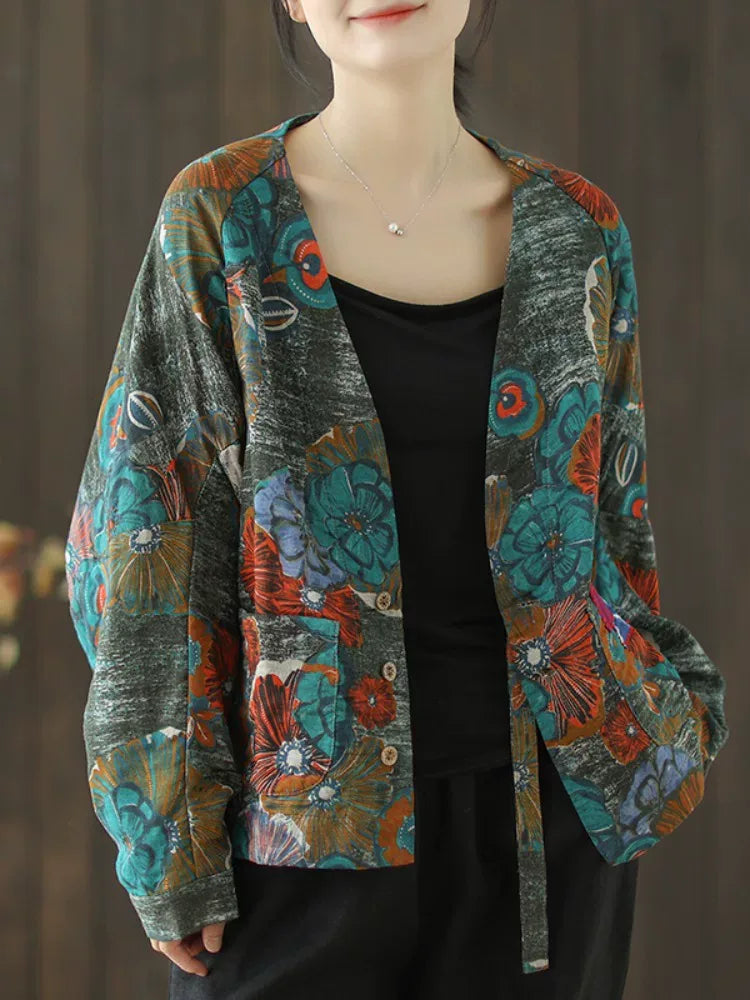 Retro Floral Print Batwing Sleeve Tie Belt Jacket