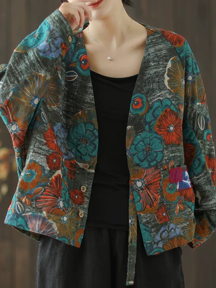 Retro Floral Print Batwing Sleeve Tie Belt Jacket
